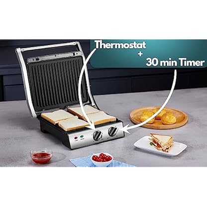 XXL Kontaktgrill abnehmbare Platten | 30 Minuten Timer | Panini Toaster | Sandwichtoaster | elektrischer Tischgrill | Kontaktgrill für Sandwiches, Steak und als Panini grill | Elektro Grill – Bild 7