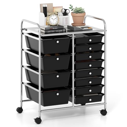 GOFLAME Carrello portaoggetti con 12 cassetti, carrello portaoggetti con cassetti rimovibili e ruote bloccabili, organizer per forniture artistiche con telaio in metallo, per casa, ufficio, classe