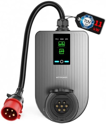 Witypower Mobile Wallbox 11kW mit APP & RFID CEE Stecker 16A & Typ 2 Socket | EV Ladegerät 6-16A 3-Phasig 400V Einstellbarer WLAN LCD Display RCD Typ B IP55 Ladestation 11kW für St