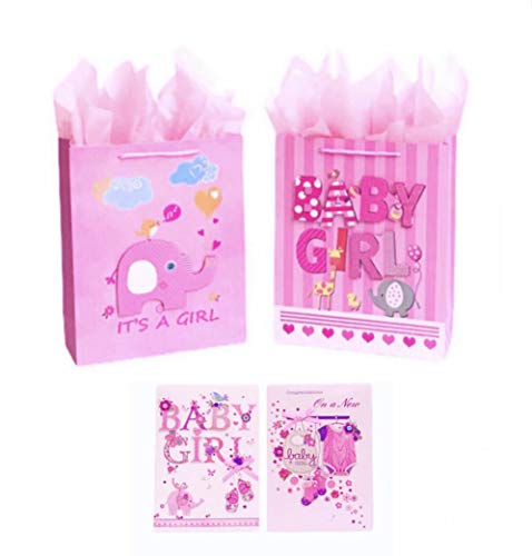 Golden J Store Medium Baby Gift Bags 2-Pack And Handmade Greeting Cards 2-Pack for Baby Showers (Pink)