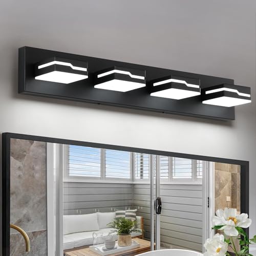 Image of LED Modern Bathroom Vanity Light Fixtures 4-Light, 25.5 inch Dimmable Black Vanity Lights for Bathroom Lighting Fixtures Over Mirror, with 350Rotatable Acrylic Heads(White Light 5500K)