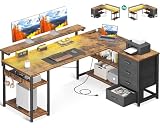 AODK ゲーミングデスク 引き出し4杯付き パソコンデスク コンセント付き l字デスク デスク 机 幅155*110 pcデスク 棚付き desk 収納 オフィスデスク 仕事用 在宅勤務 組立簡単 ビンテージ