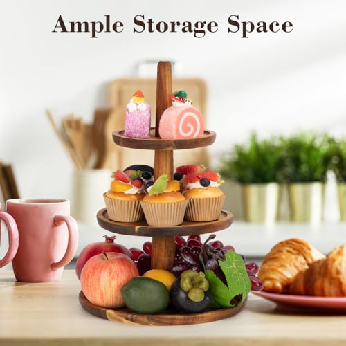 E-ROOM TREND 3 Tier Wooden Cupcake Stand Dessert Cup Cake Holder Tower Tree Wooden Tiered Serving Tray Platter with Acacia Wood Handle for Birthday Party Wedding Baby Shower Home Party (MDP1BNSW) - Image 5