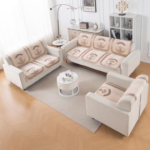 Image of HOKIPO Noor Beige Premium Chenille Jacquard Sofa Cover 6 Seater Set - Washable 3+2+1 Sofa Panel for Seat & Back | 'Royal Aangan Series' (IN-1008 * 2 + IN-1007 * 2 + IN-1006 * 2-L4)