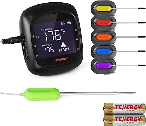 Tenergy Solis Digital Meat Thermometer, APP Controlled Wireless Bluetooth Smart BBQ Thermometer w/ 6 Stainless Steel Probes, Large LCD Display, & Carrying Case, Cooking Thermometer for Grill & Smoker