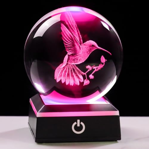 Image of 3D Crystal Ball Hummingbird Gifts for Women Unique Snow Globe Decor for Adults Glass Humming Birds Figurines Xmas Ornament with LED Base Lamp Collectibles Sculpture for Valentines