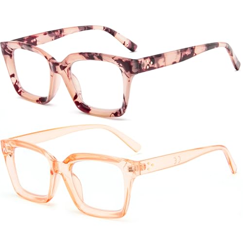 Image of REAVEE 2 Pack Oversized Reading Glasses for Women Men Blue Light Blocking, Ladies Stylish Retro Square Large Computer Readers (Pink Leopard /Tea 2.0x)