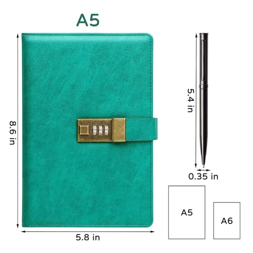 Image of Diary with Lock, A5 PU Leather Journal with lock, 240 Pages, Vintage Lock Journal with Pen & Gift Box, Lockable Diary for Women and Men, 8.6 x 5.8 Inches (Green)