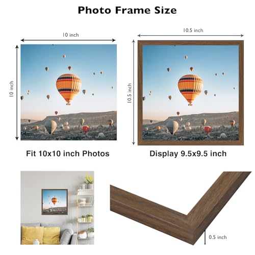 Image of JCJMY 10x10 Picture Frame Brown for Wall Hanging, Wall Mounting Horizontally or Vertically, 10 x 10 Square Wall Gallery Poster Photo Frame with Shatter Resistant Plexiglass, Brown