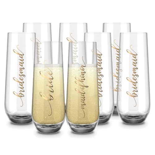 BachpartyGifts Bridesmaid Stemless Champagne Flutes Set of 8, Bridal Party