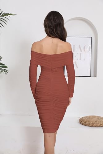 Image of Fooullaide Women's Sexy Off Shoulder Sleeveless Bodycon Ruched Midi Dress