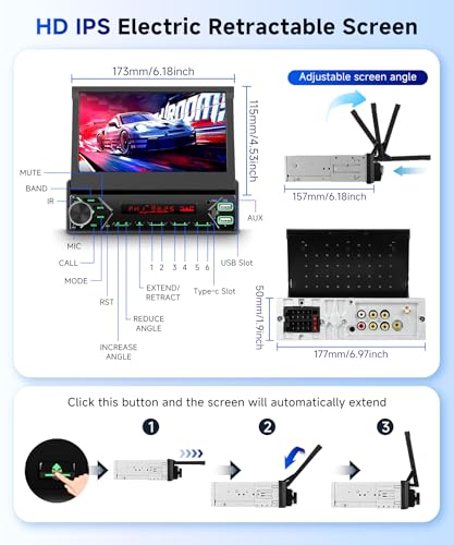 DAB/DAB+ Single Din Car Stereo with Wireless Carplay Android Auto, Hodozzy 7 inch Motorized Flip Out 1 Din Touch Screen Bluetooth Car Radio with Mirror Link/EQ/FM/USB/Type-C/AUX/Mic+ Reversing Camera - Image 6