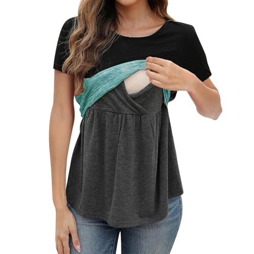 Generisch - Vêtements de maternité d'été à manches courtes col en V Bloc de couleur Hauts T-shirt d'allaitement pour femmes Chemisier d'allaitement, vert, L
