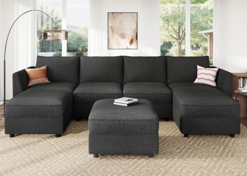 HONBAY Modular Sofa U Shaped Sectional Couch with Storage, Linen Grey