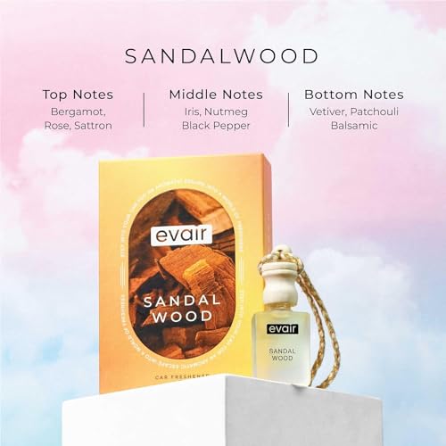 Image of Evair Hanging Car Air Freshener | Car Accessories Interior | Car Perfume Aroma with Essential Oils Fragrance in Glass Bottle with Wooden Diffuser Lid | 10 ml- Pack of 2 (Cool Water & Sandalwood)