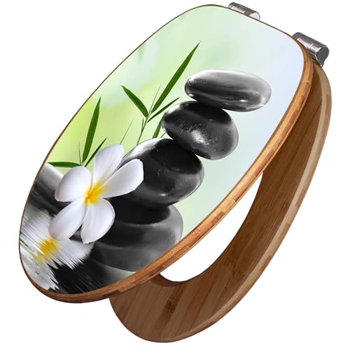 banjado Design WC Sitz Bambus Absenkautomatik 45,8x37,5cm - Toilettendeckel mit Absenkautomatik Holz - hochwertiger Bambus Klodeckel - WC-Sitz für gängigen Toiletten - Motiv Steine & Relax 6