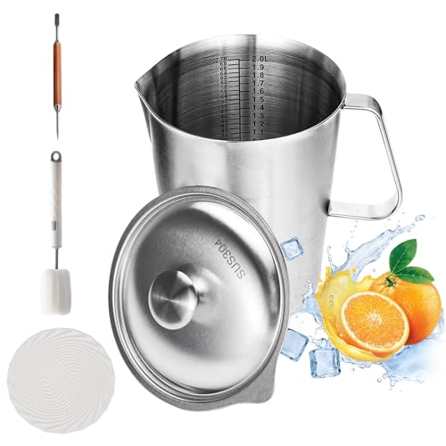 Large Stainless Steel Pitcher with Lid, 8.5 Cup Milk Frothing Jug with Handle，70 oz Metal Measuring Cup，2 L Water Pitcher for Espresso Machines, Latte Art, Iced Tea, Hot and Cold Water (70 oz, A)