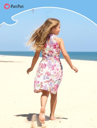 Image of PATPAT Family Hawaiian Matching Outfits - Mommy and Me Vacation Outfits | Halter Sundresses and Button Down Shirts,Caribbean Vacation Summer Tropical Outfits,Hawaiian Boho Tropical Floral Printed