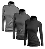 Sehr leicht und weich 3x Damen Frauen Langarm Rollkragen - Rolli - Rollkragenshirt - Turtleneck T Shirt - 3er Pack - Basic TShirt Tops - 3 in 1 - Schwarz + Dunkelgrau + Silber