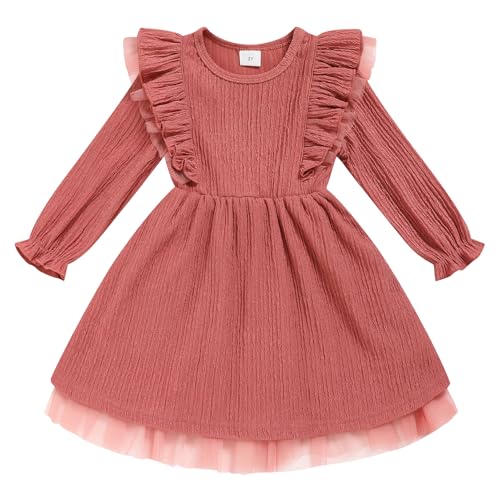 Sinhoon Toddler Girl Dress Fall Ruffle Long Sleeve Baby Girl Solid Color Casual Dresses(dark pink,3T)