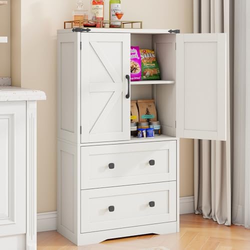 Farmhouse Bathroom Storage Cabinet with 2 Big Drawers and Barn Doors, Kitchen Pantry, Freestanding Storage Cabinet with Adjustable Shelves for Bathroom, Living Room, Kitchen.(Antique White) - Thumbnail 6