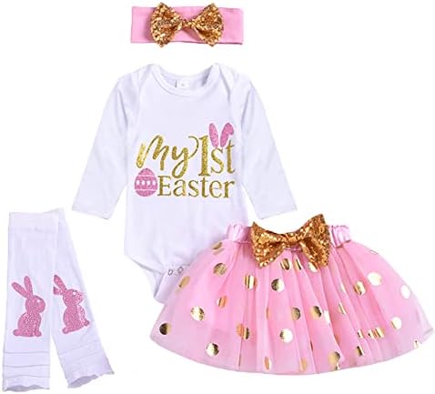 XIFAMNIY Baby Girls My First Easter Pink Outfit Newborn 3Pcs Bunny Tutu Romper Dress Rabbit Bodysuit Legging Socks Set(Easter-PinkLS, 12-18 Months)