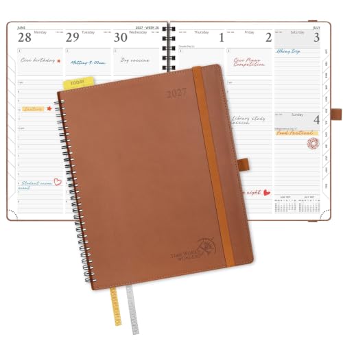 POPRUN 2027 Planner (Large - 8.5'' x 10.5'') Weekly and Monthly Calendar Book (Jan 2027 - Dec 2027) with Hourly Time Slots, Monthly Tabs, 100GSM Papers, Spiral Leather Cover - Brown