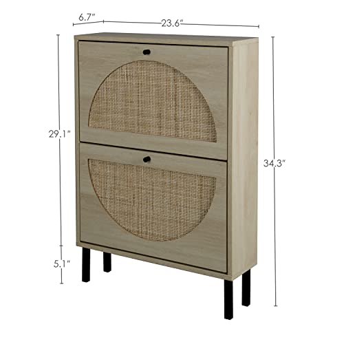 Zehuoge Natural Rattan Shoe Cabinet With 2 Flip Drawers, Modern 2-Tier Shoe Rack Storage Cabinet For Heels, Boots, Slippers, Free Standing Shoe Rack, Entrance Hallway (Natural) #TOP2