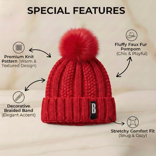 Image of Kraptick Women's Winter Cap - Knit Beanie with Soft Fleece Lining Hat, Stylish Pom Pom Thick Woollen Skull Cap, Warm Hat for Ladies & Girls -3