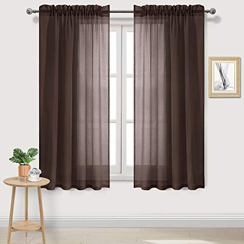 DWCN Brown Sheer Curtains Semi Transparent Voile Rod Pocket Curtains for Bedroom and Living Room, 52 x 63 inches Long, Set of 2 Panels
