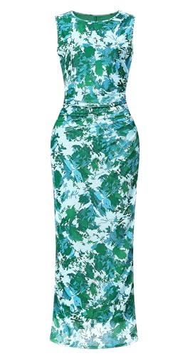 OutfitShow Womens Summer Bodycon Maxi Dresses 2026 Floral Sleeveless Slit Mesh Cocktail Wedding Guest Tank Dress, Green Floral XL — view 3