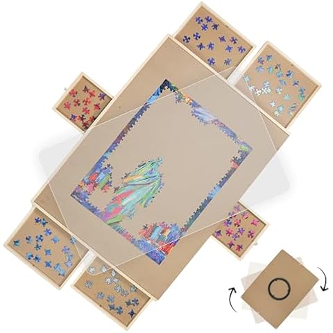 Rotating Puzzle Board with Drawers - Puzzle Board 1500 Pieces – 360 Degree Rotating Puzzle Storage Table – Adjustable Puzzle Board with Drawers & Protective Cover - 1500 Piece Puzzle Board - 35” X 26" Cover