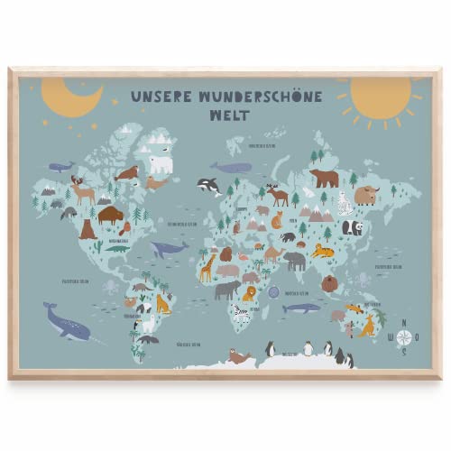 MeinBaby123® Weltkarte für Kinder | Tierweltkarte DIN A2 | Kinderzimmer Bilder | Lernposter | Weltkarte für das Kinderzimmer mit Tieren | Premium Qualität (Weltkarte - blau)