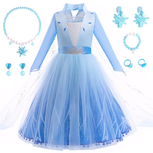 XFOZDM Disfraz de Elsa para niñas, disfraz de princesa Elsa con corona de princesa, tiara y varita, disfraz de Elsa para Navidad, carnaval, fiesta, cumpleaños, cosplay, concurso, azul, largo 01 110