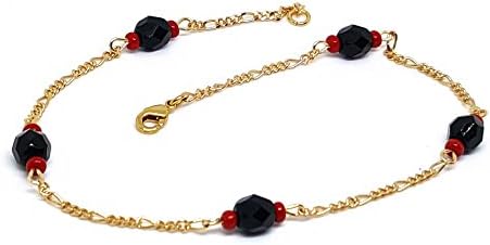 18kt Brazilian Gold Layered Azabache Beaded Anklet. 10" length, 6mm beads.