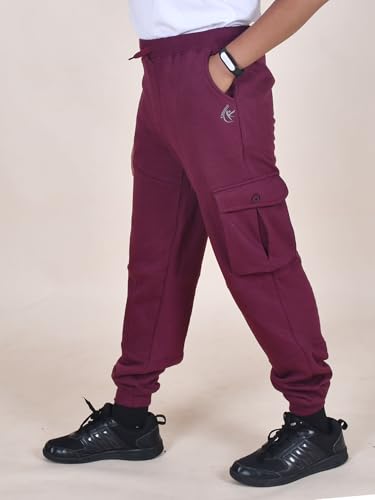 Image of KiddoPanti Boys Solid Fleece Cargo Track Pants | Cotton Poly Fleece Fabric | Ankle Length Jogger | 2 Cargo Pocket,1 Side Pocket | Elastic Waist & Drawcord | Jogger Track Pants