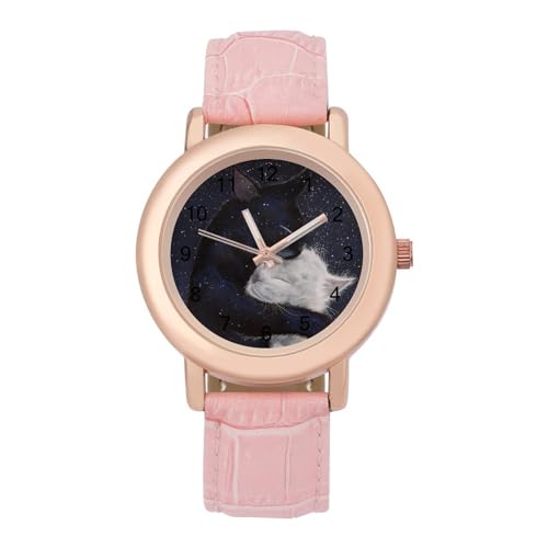 レディース 腕時計 夜空の星 月 猫 ネコ柄 時計 ローズゴールドウォッチ ウォッチ うで時計 Watch うでとけい ミニマリスト クオーツウォッチ 薄型 ギフトボックス付き ピンクレザーバンド アナログ ビジネス カジュアル 電池式 人気 簡約 お洒落