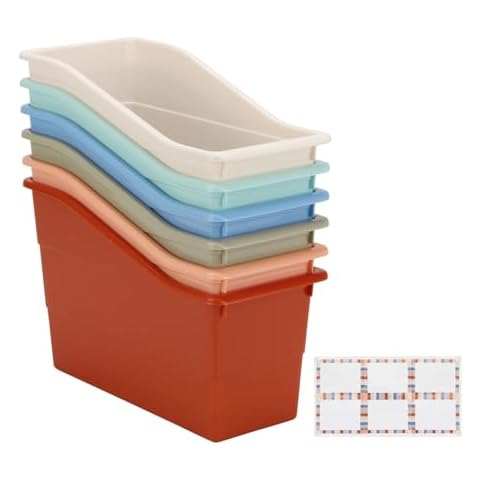 DIICCYO 6 Pcs Book Storage Bins with Labels, Plastic Folder Magazine File Holder Classroom Caddy, Small Caddy Organizer Table Storage Caddy for Office School Home Supply Organizer Container Cover