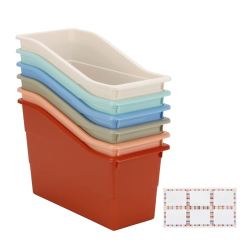 DIICCYO 6 Pcs Book Storage Bins with Labels, Plastic Folder Magazine File Holder Classroom Caddy, Small Caddy Organizer Table Storage Caddy for Office School Home Supply Organizer Container