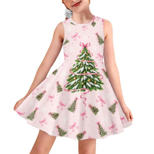 INSTANTARTS Pink Christmas Tree Girls Sleeveless Swing Dress Cute Bow Snowflake Pattern Crew Neck Stretchy Casual Swing Dresses for Kids Holiday Party Daily Wear