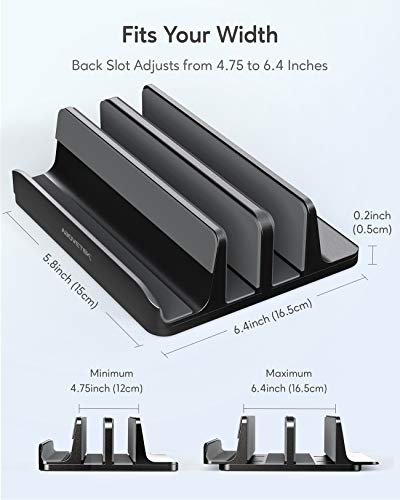 Vertical Laptop Stand - AboveTEK - 3 Slots for Computer, Tablet, Phone - Fits All Laptop Models (up to 17.3\") - Heavy Duty Polished Aluminum Desktop Holder - Anti Slide Silicone Grips - Black