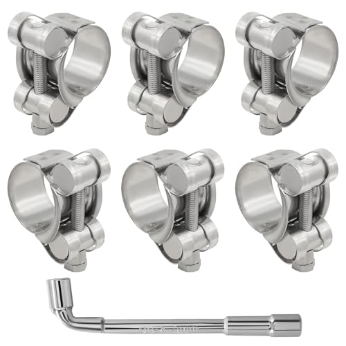 Dijedev 6Pcs T-Bolt Hose Clamps, 304 Stainless Steel Heavy Duty Adjustable Pipe Clamps, 23-25mm Working Range for 0.9"-1" Hose OD, Automotive & Industrial Use with Wrench