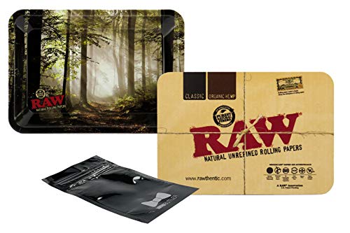 RAW"Smokey Forest" Mini Rolling Tray with Magnetic Rolling Tray Cover and Hippie Butler Smell Proof Pouch