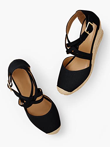 Guayonng Womens Espadrilles Wedges Sandals Close Toe Criss Cross Ankle Straps Buckle Office Dress Shoes #TOP4