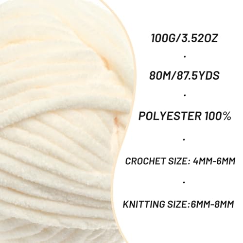 Image of 3 Pack Fluffy Chenille Yarn for Crocheting, Chunky Velvet Yarn for Crochet Amigurumi, Baby Yarn for Crocheting Soft Blanket, 262.4yds /10.5 oz Bulky Yarns for Crafts /Hats /Shoes /Socks (3 Milky White)