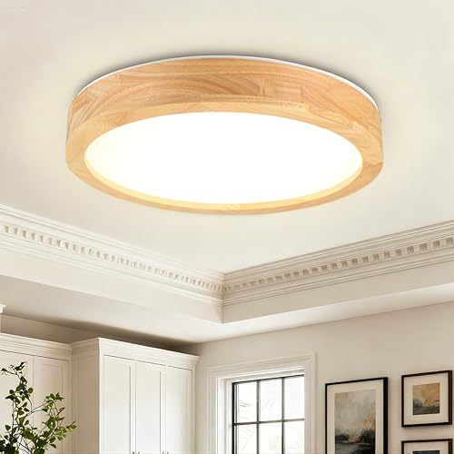 Modern LED Ceiling Light for Bedroom Minimalist Wood Flush Mount Ceiling Light Fixture Dimmable 5CCT Wood Ceiling Lamps for Kitchen Hallway Living Room -11.8inch