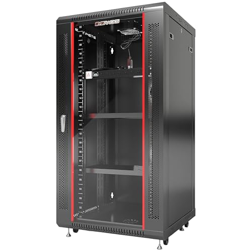 Image of 22U Wall Mount Server Rack Cabinet, 19 inch Locking Network Rack, 24 inch Deep, Glass Door, with Fan, PDU and Shelf