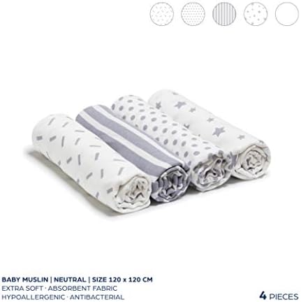 Niimo Muslin Squares Towel for Baby Set 4pcs 120x120 cm in 100% Soft Cotton Multifunctional and Reusable Blanket Wiping Bathing Feeding Towel for Newborn Children Baby (Neutral)