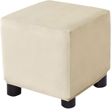 Ottoman Cover Square Velvet Storage Ottoman Slipcovers Thick Stretch Footrest Foot Stool Covers Protector with Elastic BandSmall-Beige