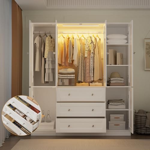 VOWNER 75\" Tall Armoire Wardrobe Closet with Drawers & Lights, Clothing Storage Cabinet with 4 Glass Doors & Hanging Rod, Wooden Armoire Storage Cabinet for Bedroom